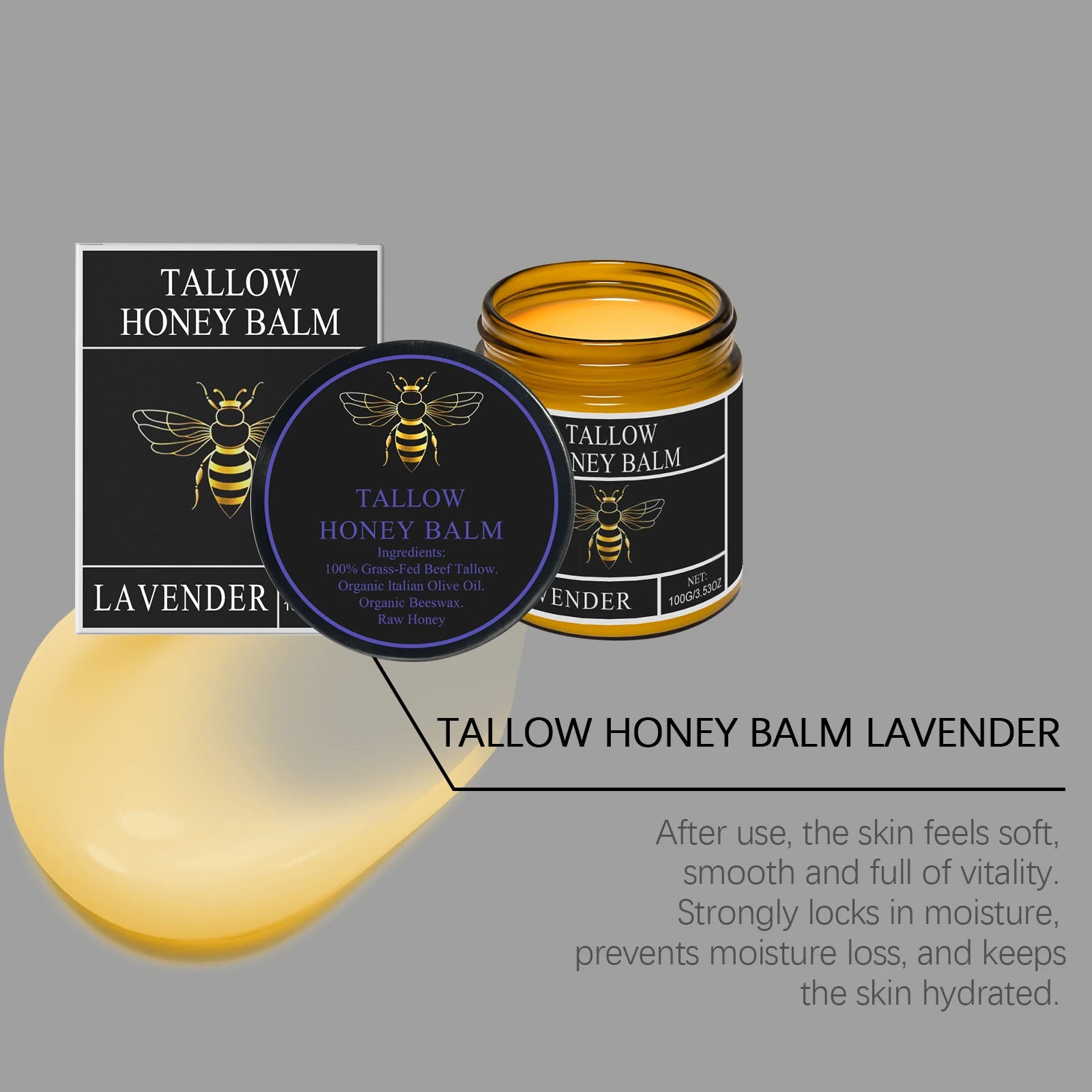 Beef Tallow Honey Cream Moisturizing Firming Soft Smoothing Skin Soothing Reduce Redness Hydrating Nourishing Tallow Honey Balm