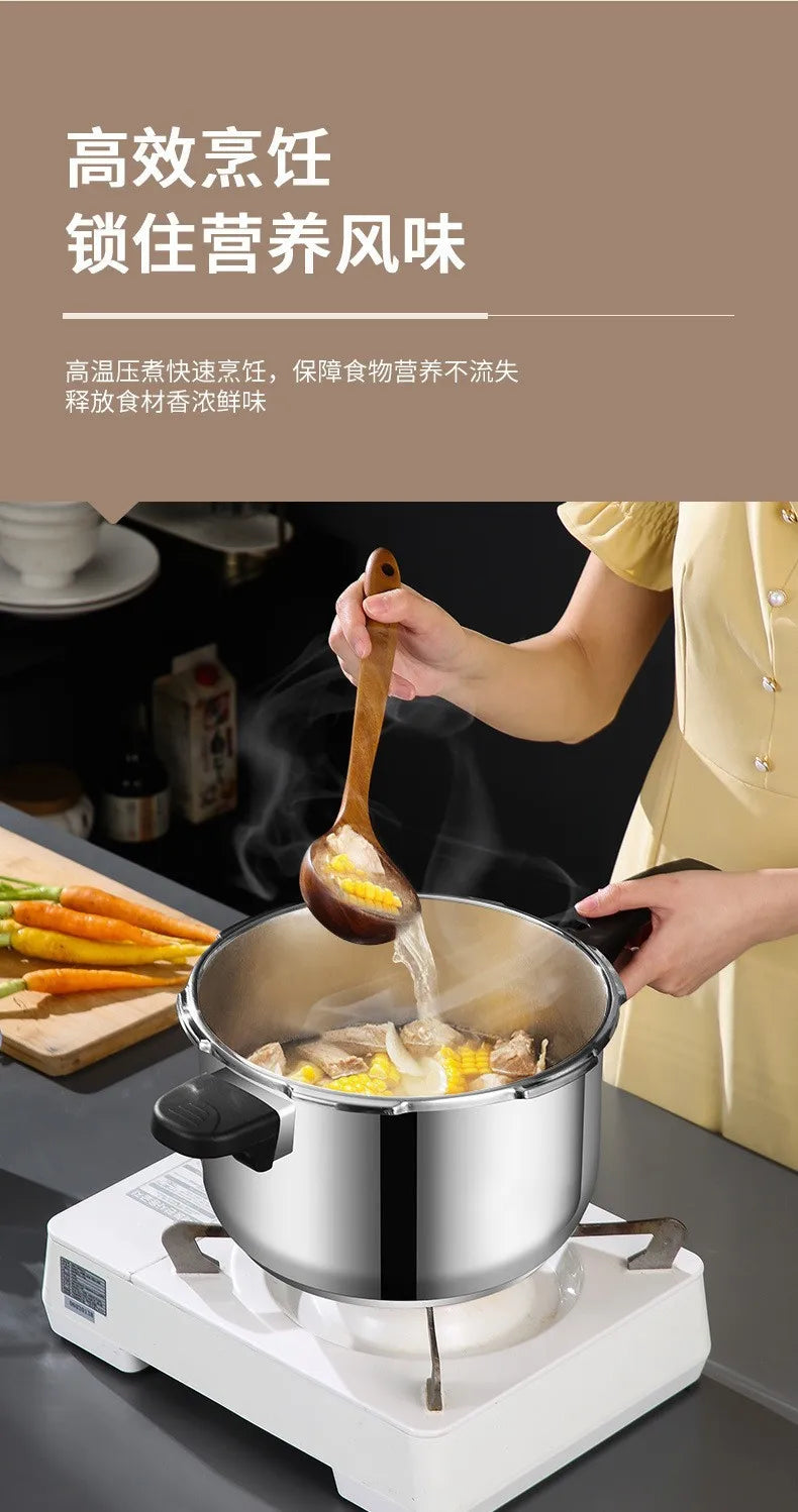 Stainless steel pressure cooker with pouring spoon, steam and food visible inside pot
