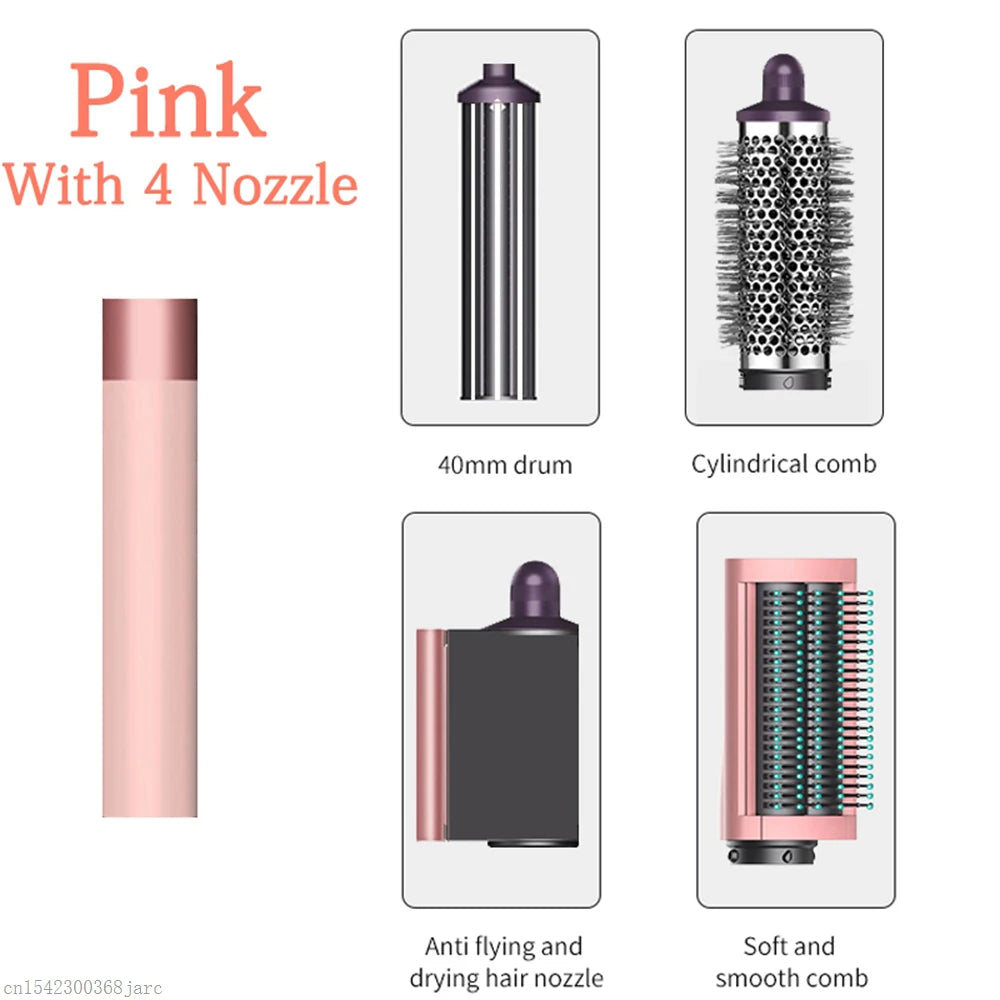 Pink SenCiciMen X9 hair styler set with 4 attachments: drying nozzle, curling drum, round and smooth styling combs.