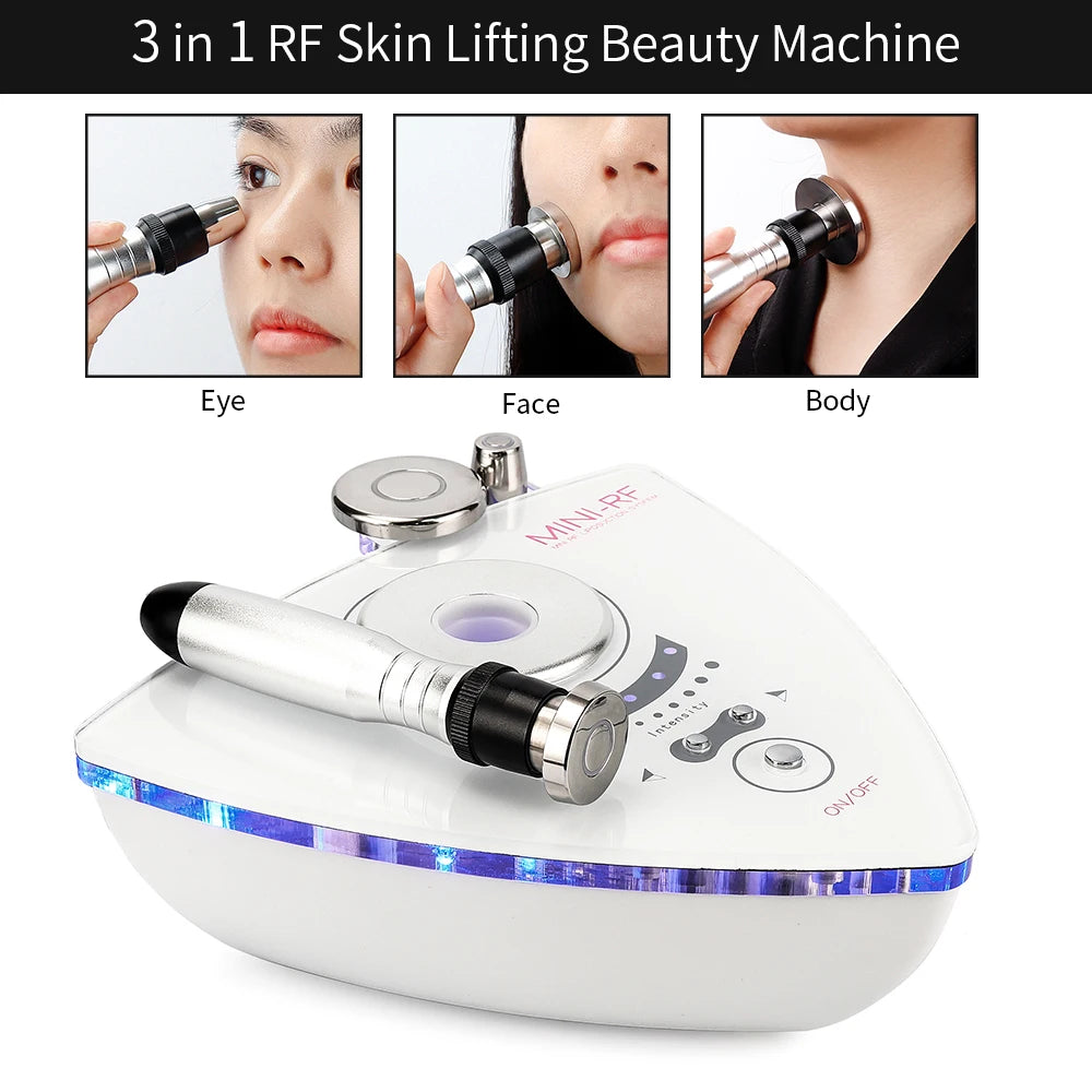 White 3-in-1 RF skin lifting device with silver probe, intensity controls, and blue LED light trim.