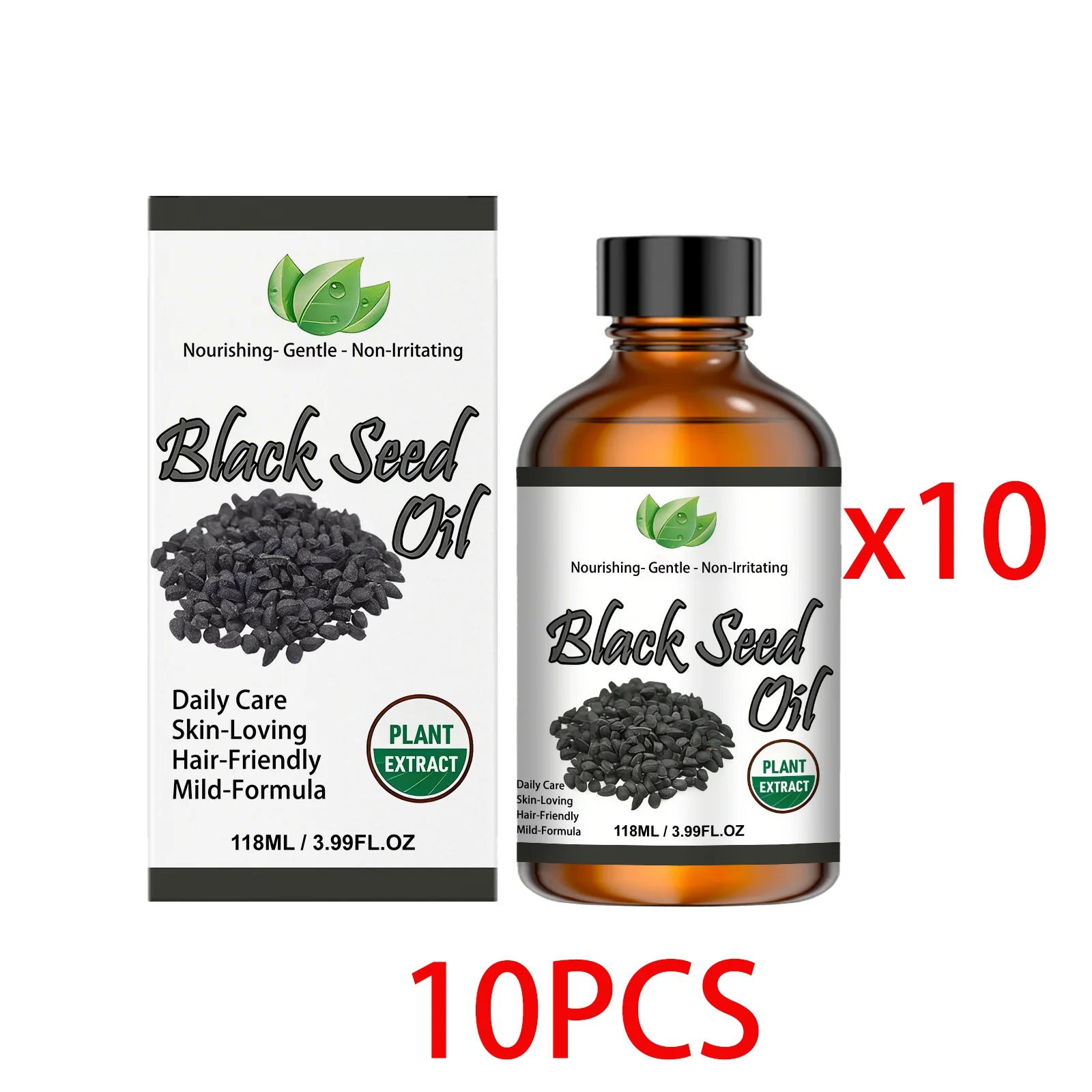 Set of 10 black seed oil essence bottle and box, plant extract design, 118 ml