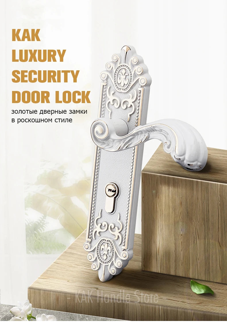 KAK European Style Gold Door Locks with Keys Door Handle Ivory White Security Entrance Door Lock Mute Anti-theft Door Hardware