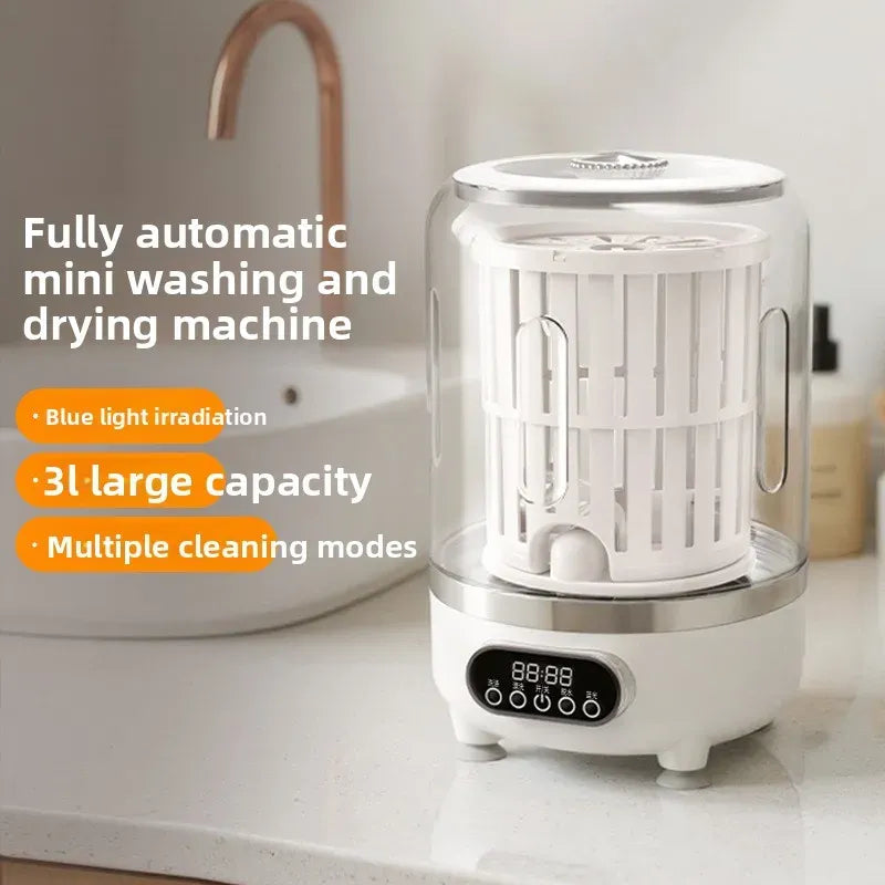 Mini washing machine and drying machine with clear 3L drum, digital touch display, and blue light for small laundry.