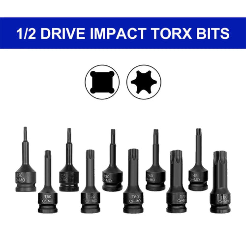 1/2-inch drive impact Torx bits set showing different Torx size tips in black