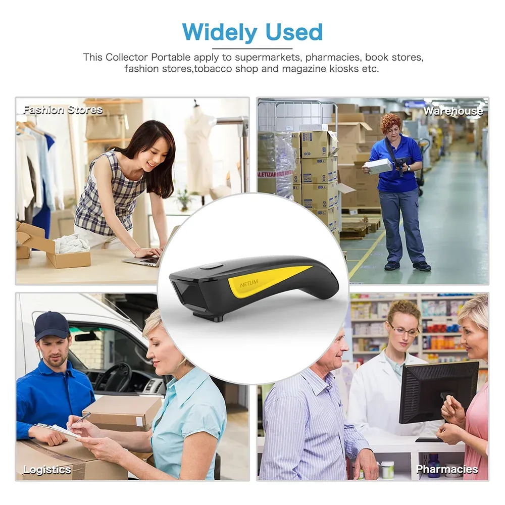 Portable 2D barcode scanner with yellow accent centered on a usage collage