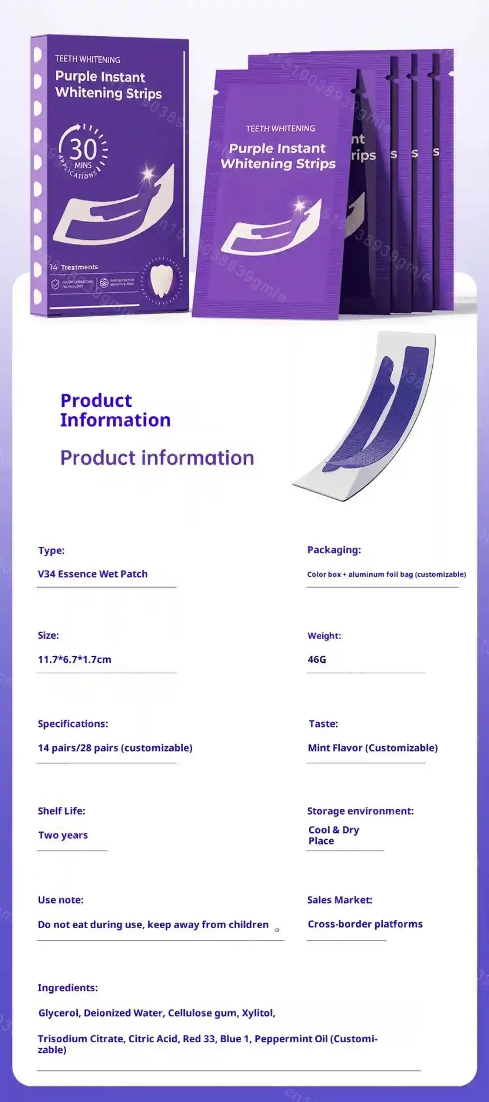 Tidesmit purple teeth whitening strips for sensitive teeth, at-home instant color corrector bleaching treatment