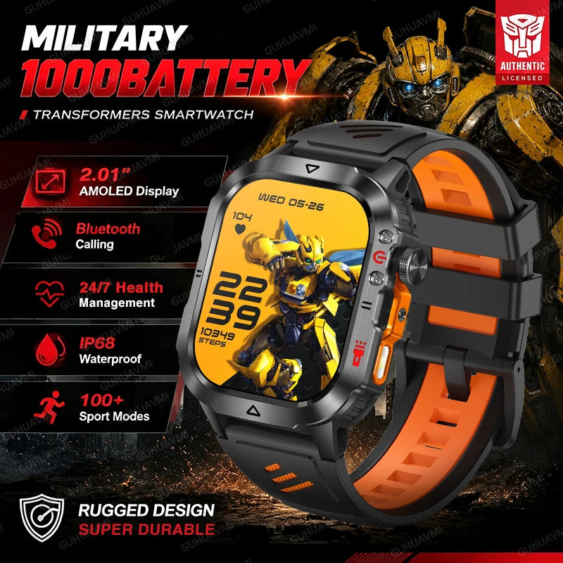 Orange rugged men’s smartwatch with dark face and orange silicone-style band