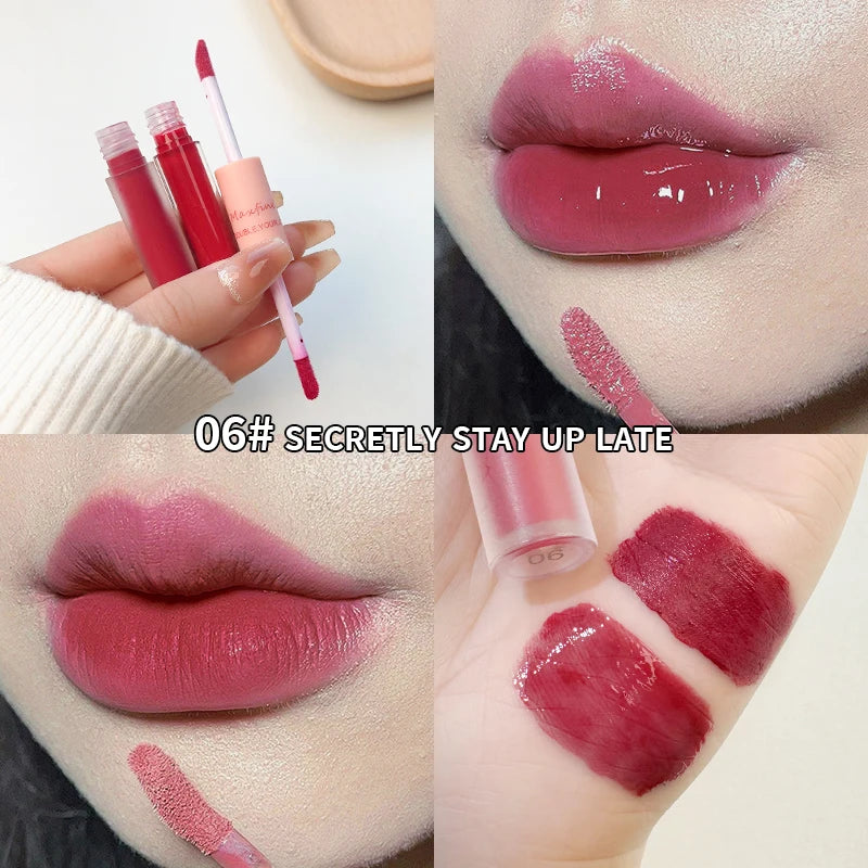 Double-ended matte and mirror lip gloss in 06# Secretly Stay Up Late. Waterproof, velvet texture, long-lasting color.