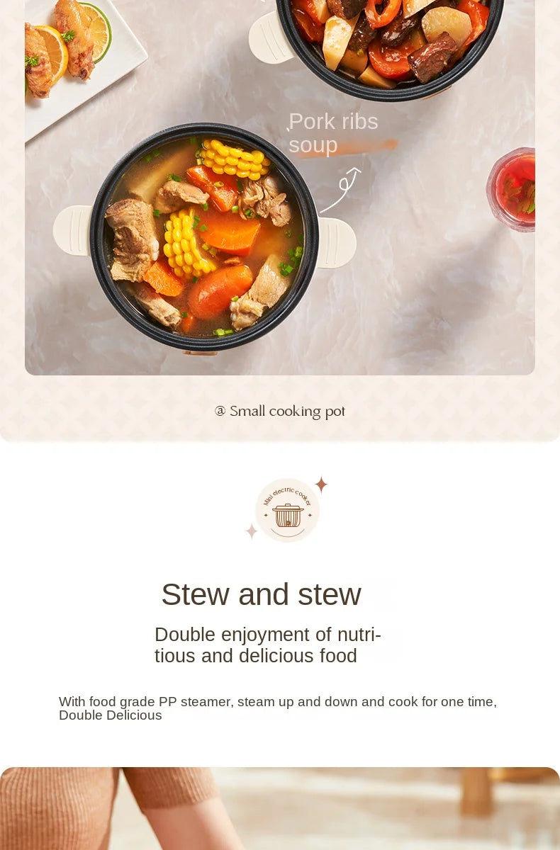 Electric hot pot cooker inner pot with pork ribs soup and corn, shown with lid
