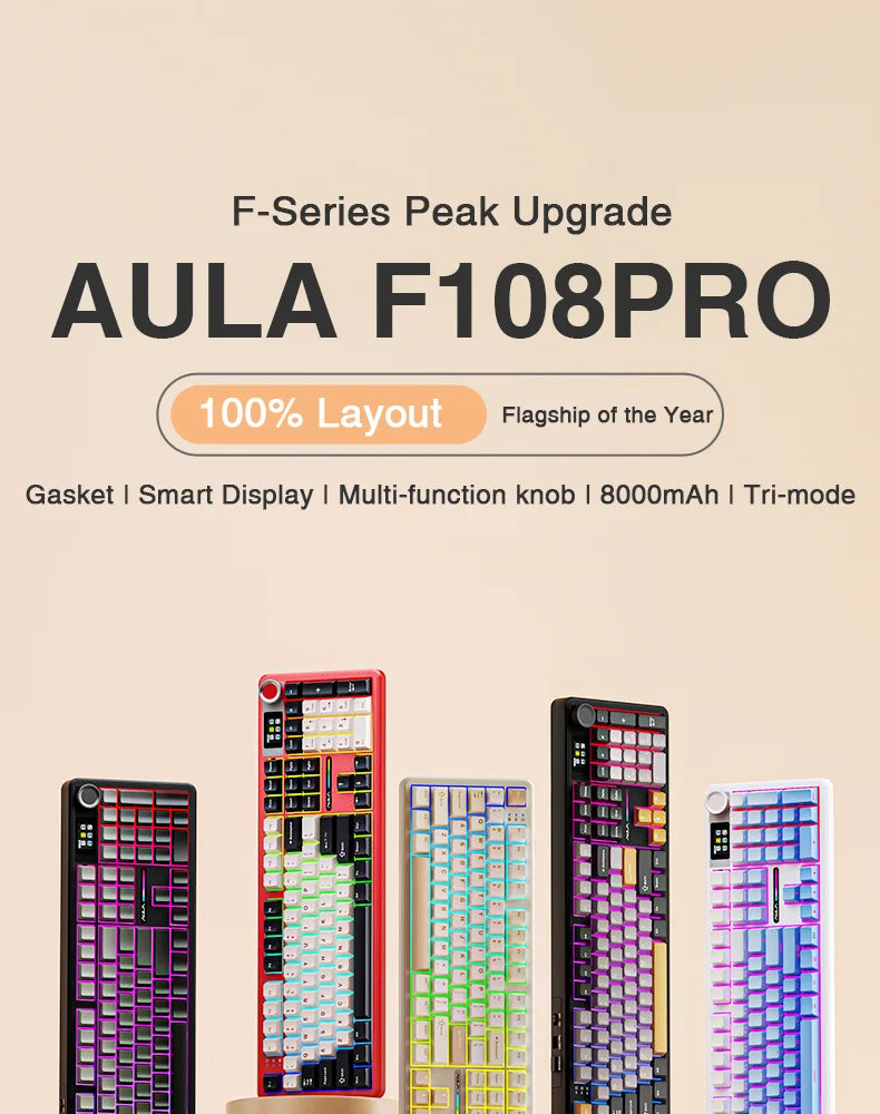 AULA F108 Pro Wireless Bluetooth Keyboard Macro Gaming Keyboard Gasket Hot-swap Full Size Keyboard with TFT Smart Display