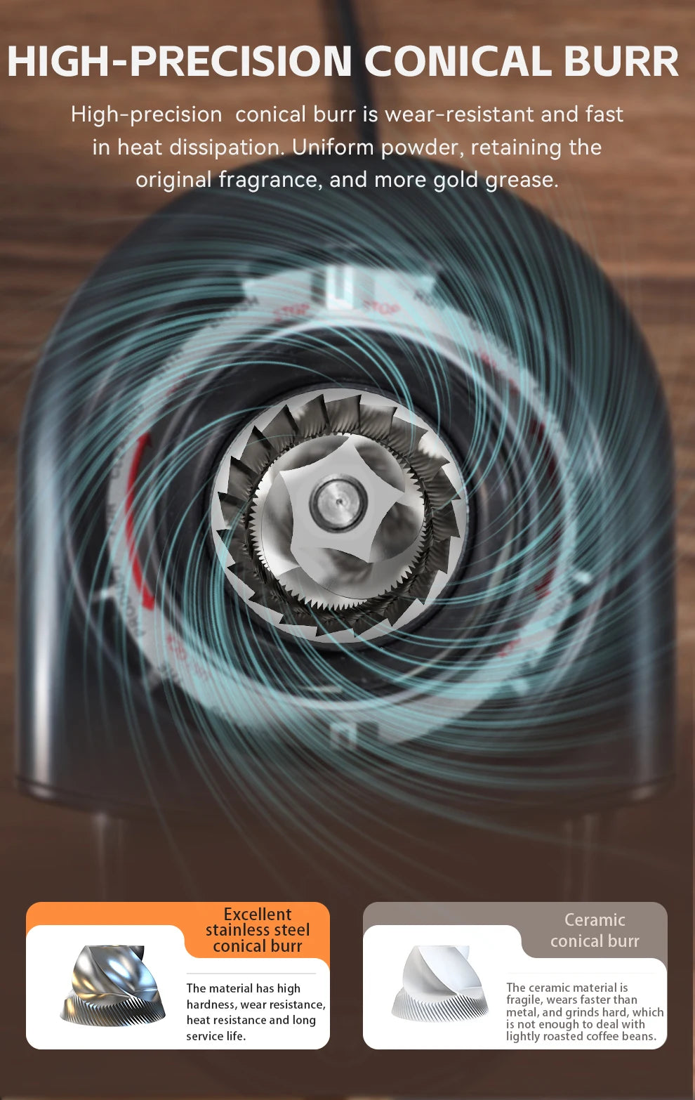High-precision black electric coffee grinder with stainless steel conical burr mechanism for uniform grinding.