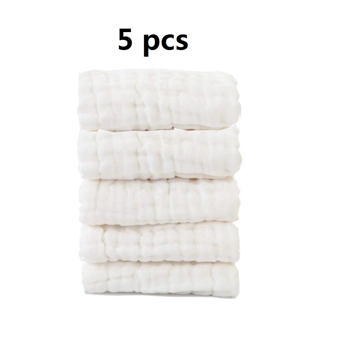 5-piece set of white soft cotton baby care washcloths for gentle cleansing.