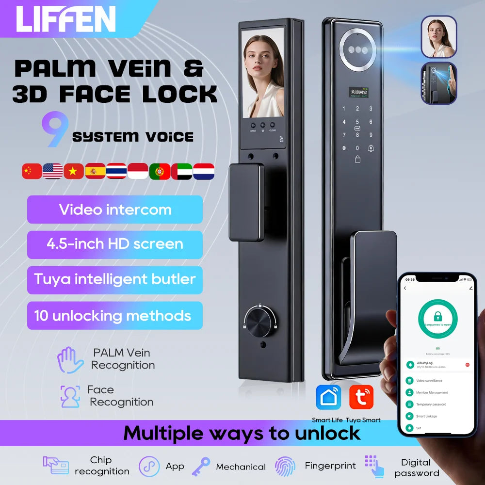 Tuya APP 3D Face Recognition Unlock Digital Door Lock With Camera FIngerprint Password Unlock Keyless Electronic Door Lock