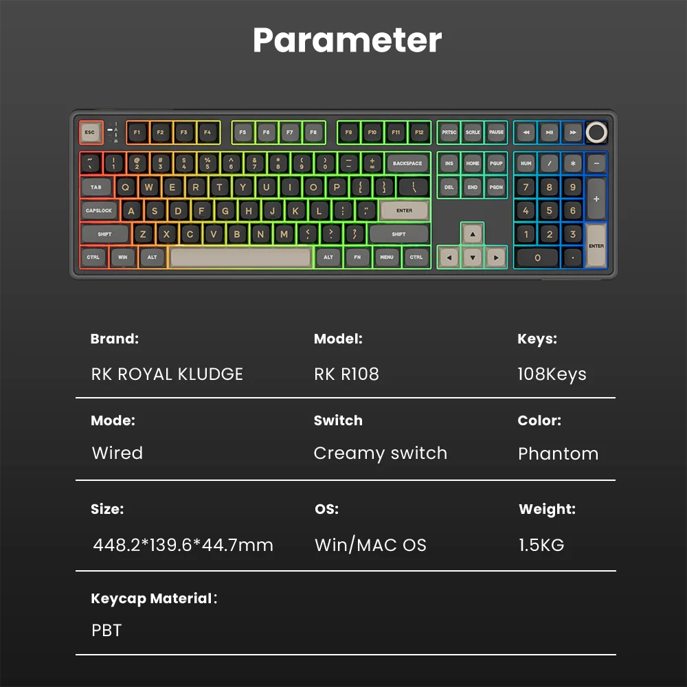 RK Royal Kludge R108 Wired Gamer Keyboard 100% 108 Keys MDA PBT Keycap Gasket RGB Hot-swappable Mechanical Keyboard Volume Knob
