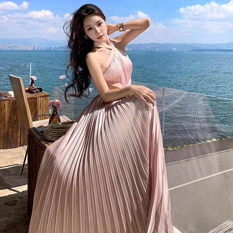 New Sexy Club Birthday Party Pleated Robe Long Dresses Women Summer Halter Neck Sleeveless Off The Shoulder Holiday Beach Dress