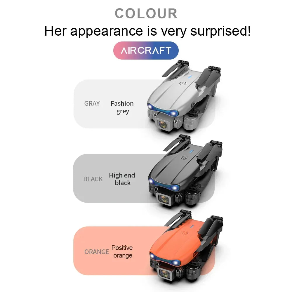 Foldable camera drones in gray, black, and orange, shown compact with folded propellers and front-facing lenses.