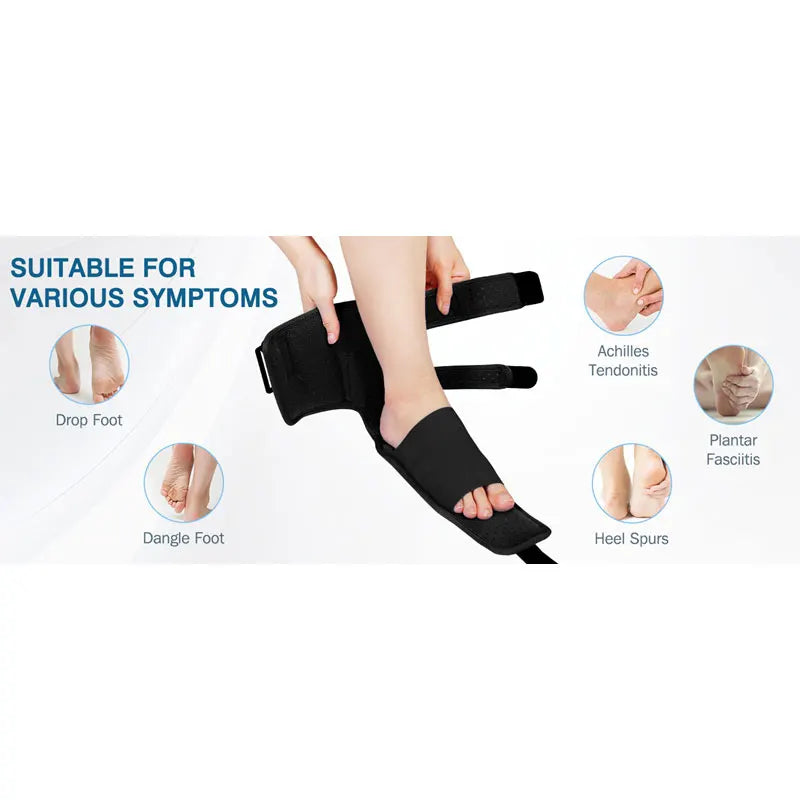 Black plantar fasciitis night splint with adjustable straps for foot drop, heel spurs, and Achilles tendonitis relief.