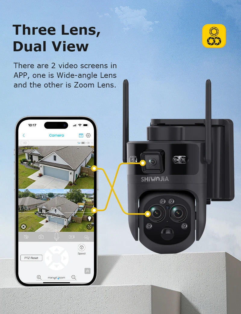 SHIWOJIA 15X 6M PSolar Camera 4G SIM/WIFI Three Lens Recording AI Human/Pet/Vehicle Auto Tracking Camera IP65 Waterproof