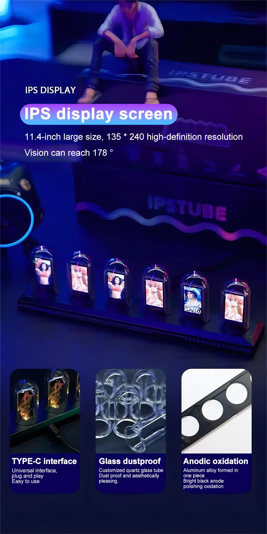 RGB Nixie Tube IPS Clock: Retro Digital Desktop Decor with Custom Display Tidesmit