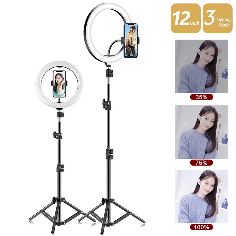 12-inch circular LED ring light with adjustable tripod stand and phone mount for photography and video recording.
