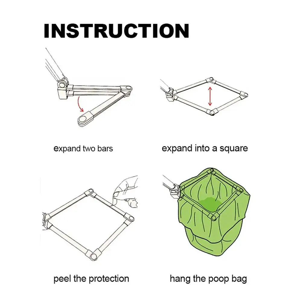 Instruction guide for 28.7-inch steel dog poop scoop: how to expand frame and attach waste bag for easy pet cleanup.