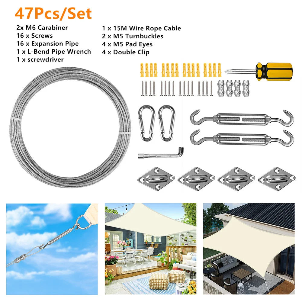 Sun shade sail hardware kit with coiled steel cables, carabiners, and clips set