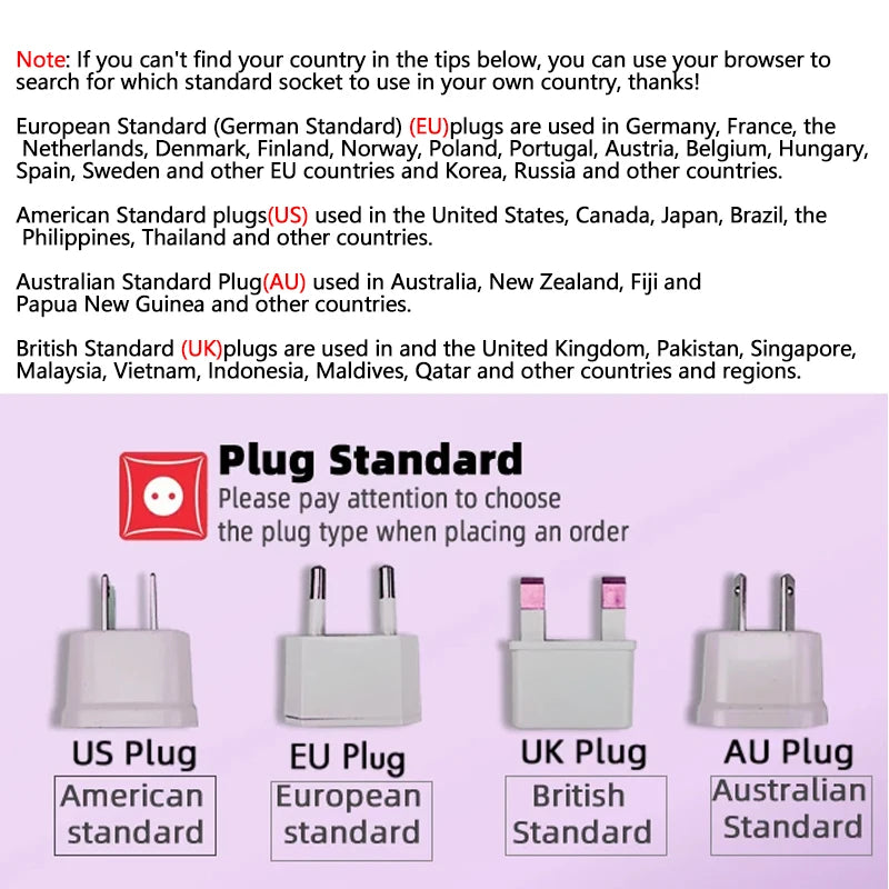 Automatic curling iron power adapters with US, EU, UK, and AU plug options for global styling appliance compatibility.