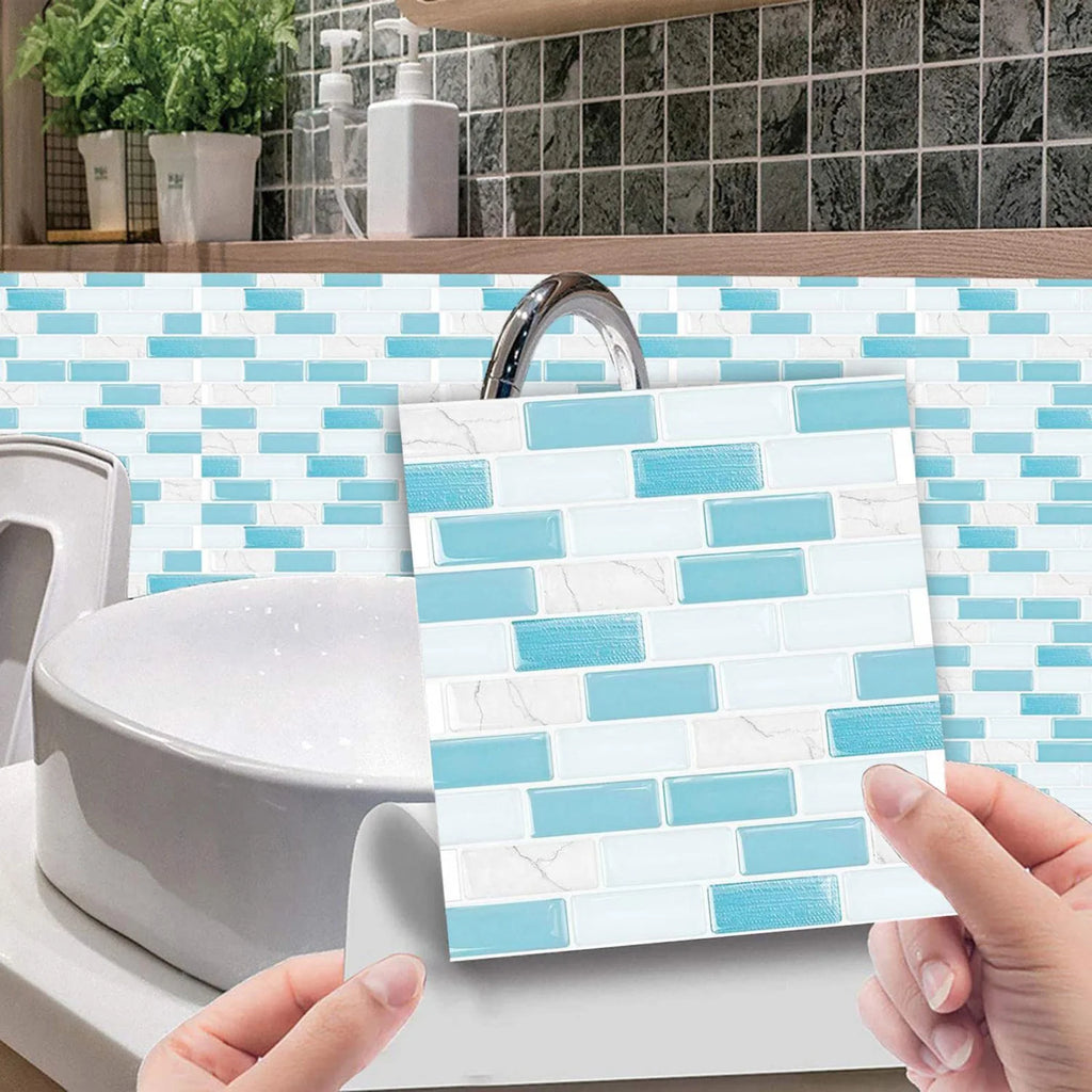 Applied 3D mosaic brick tile wall stickers in white with light blue rectangles and texture.