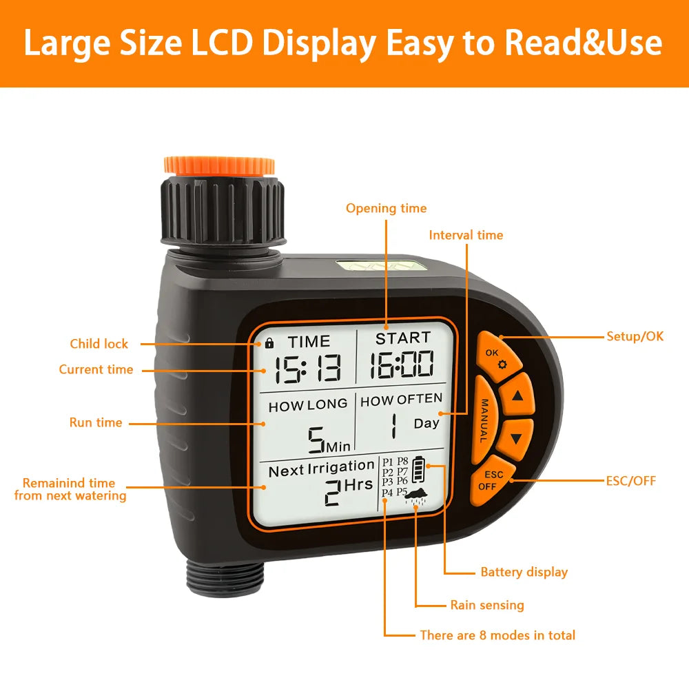 20M Smart Garden Timer Irrigation Set  LCD Automatic Watering Controller Set With Rain Sensor for Farms IPX5 Waterproof