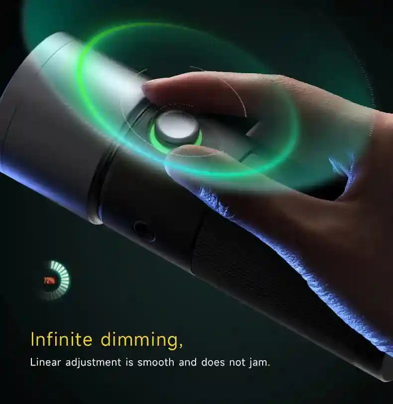 Handheld flashlight with a textured metallic grey body and a central dial for smooth, infinite brightness adjustment.