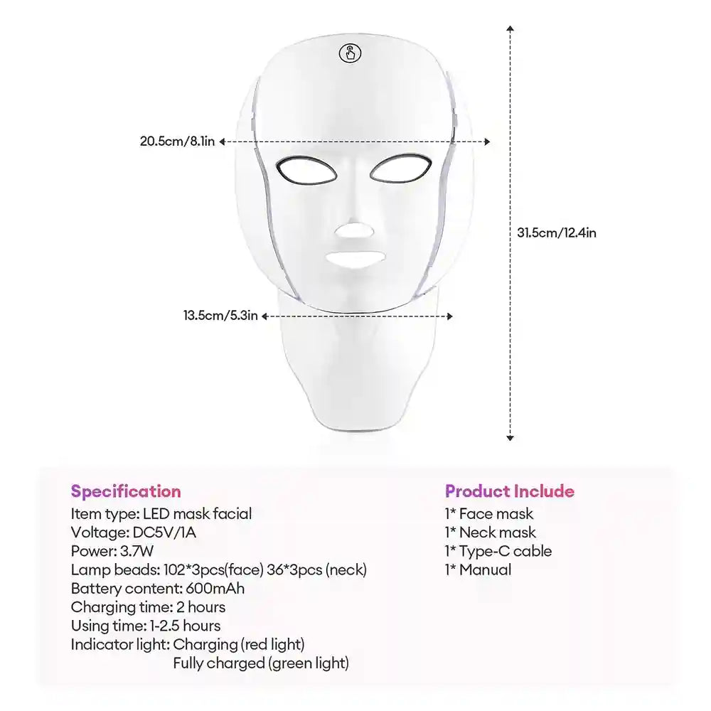 7 Color LED Facial Mask with Neck Light for Skin Rejuvenation Therapy Massage Cushion Tidesmit