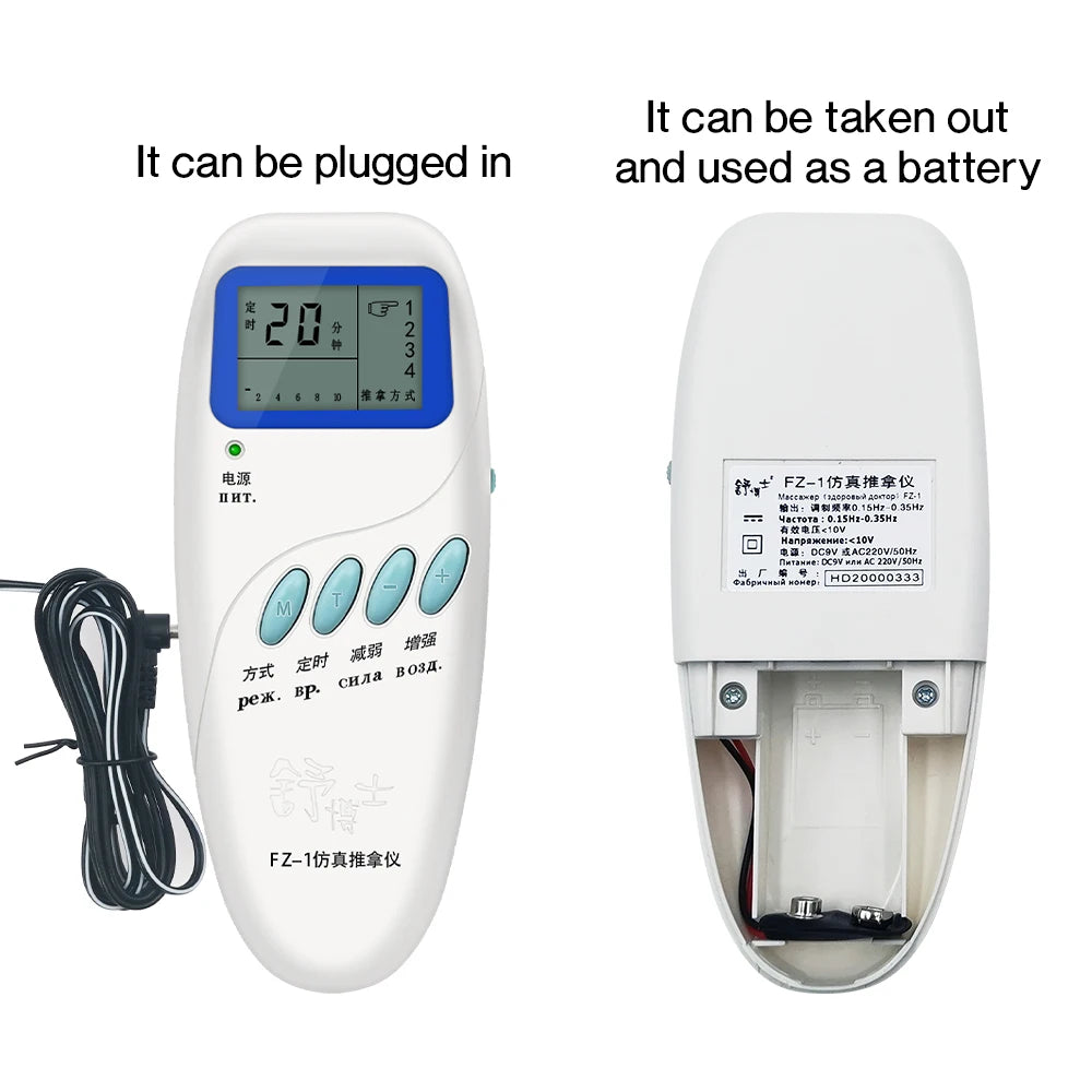 White TENS EMS electric muscle stimulator for pain relief, battery or corded power, handheld physiotherapy device.
