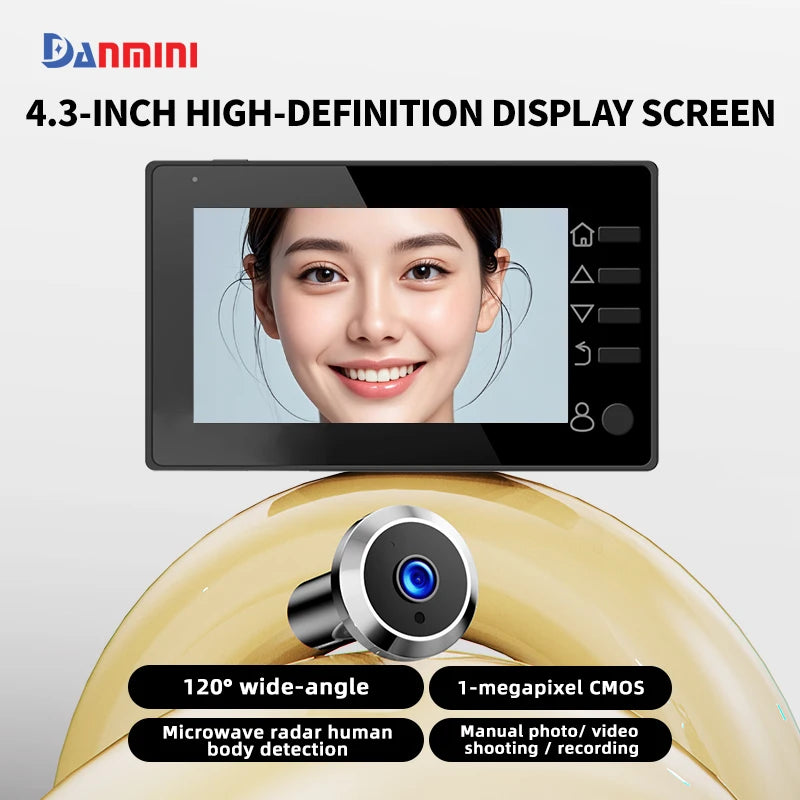 Danmini Visual Doorbell Peephole 4.3'' LCD HD Display Digital Door Viewer 1 Million Pixel 120° Camera Security Cat Eye Door Bell