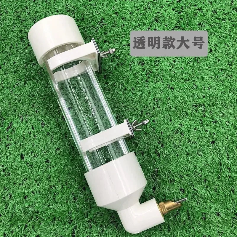 Large clear parrot water dispenser with needle feeder for easy hydration in a durable bird cage mount.
