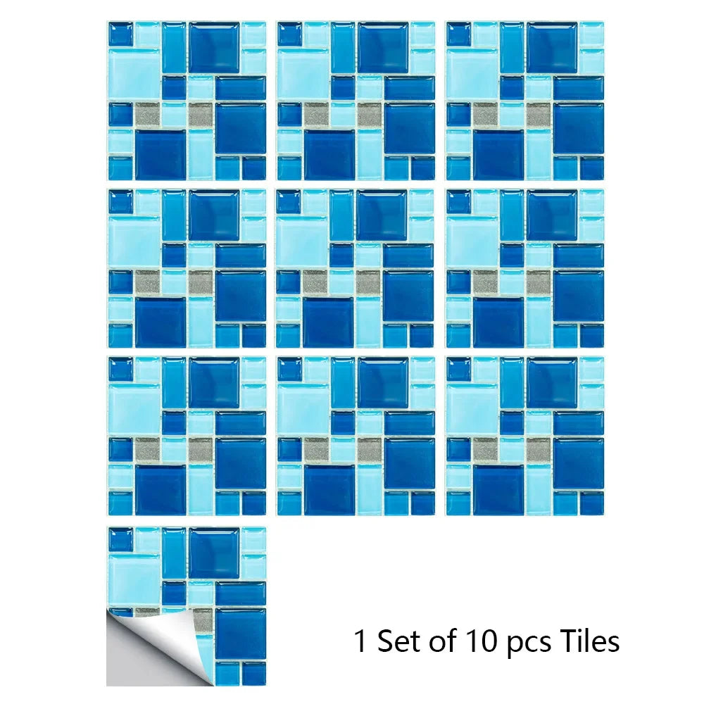 Blue glass-style mosaic tile wall sticker set, 10 pieces