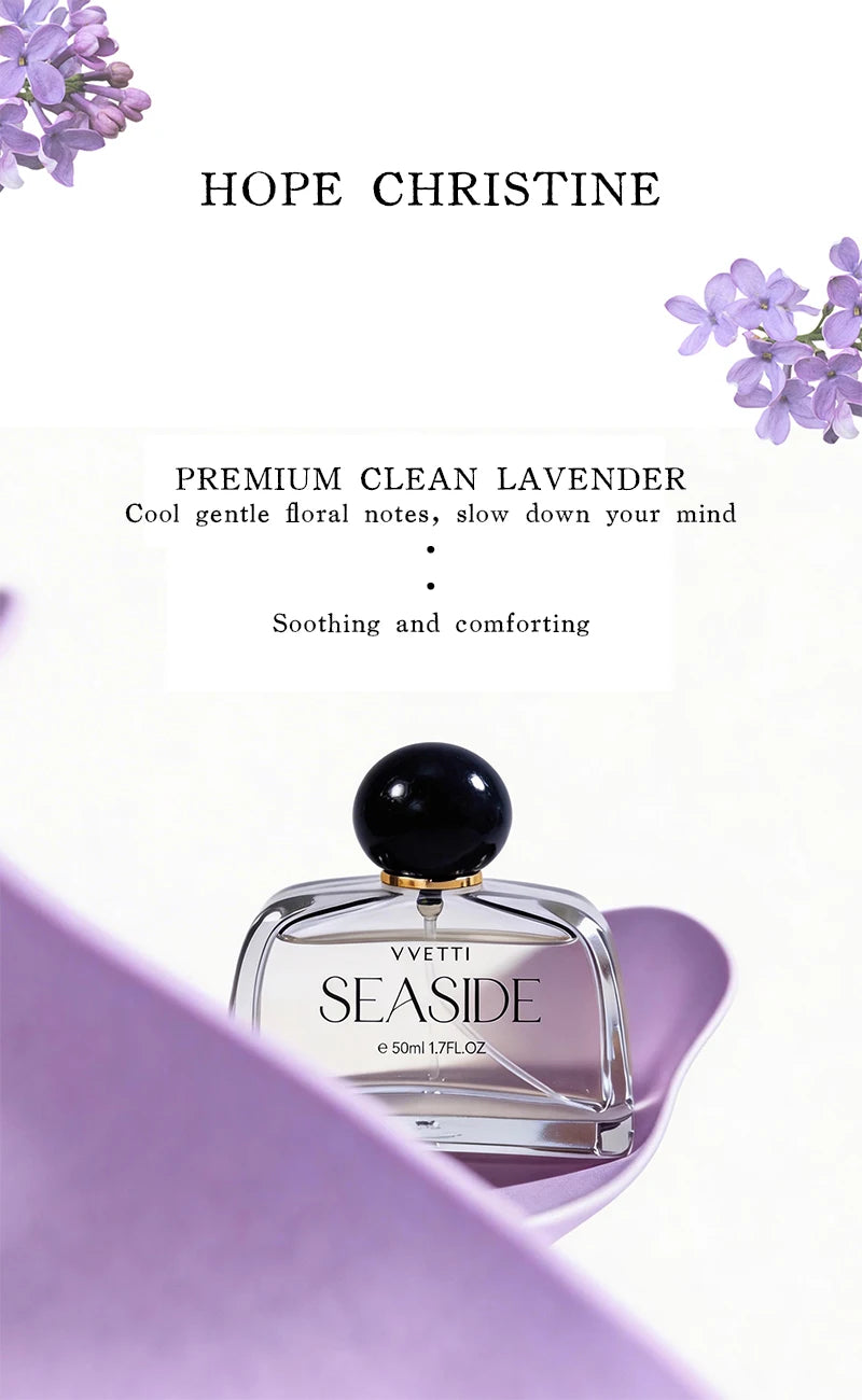 Vvetti Seaside luxury lavender floral perfume for women in a unique rectangular bottle with black sphere cap, 50ml.