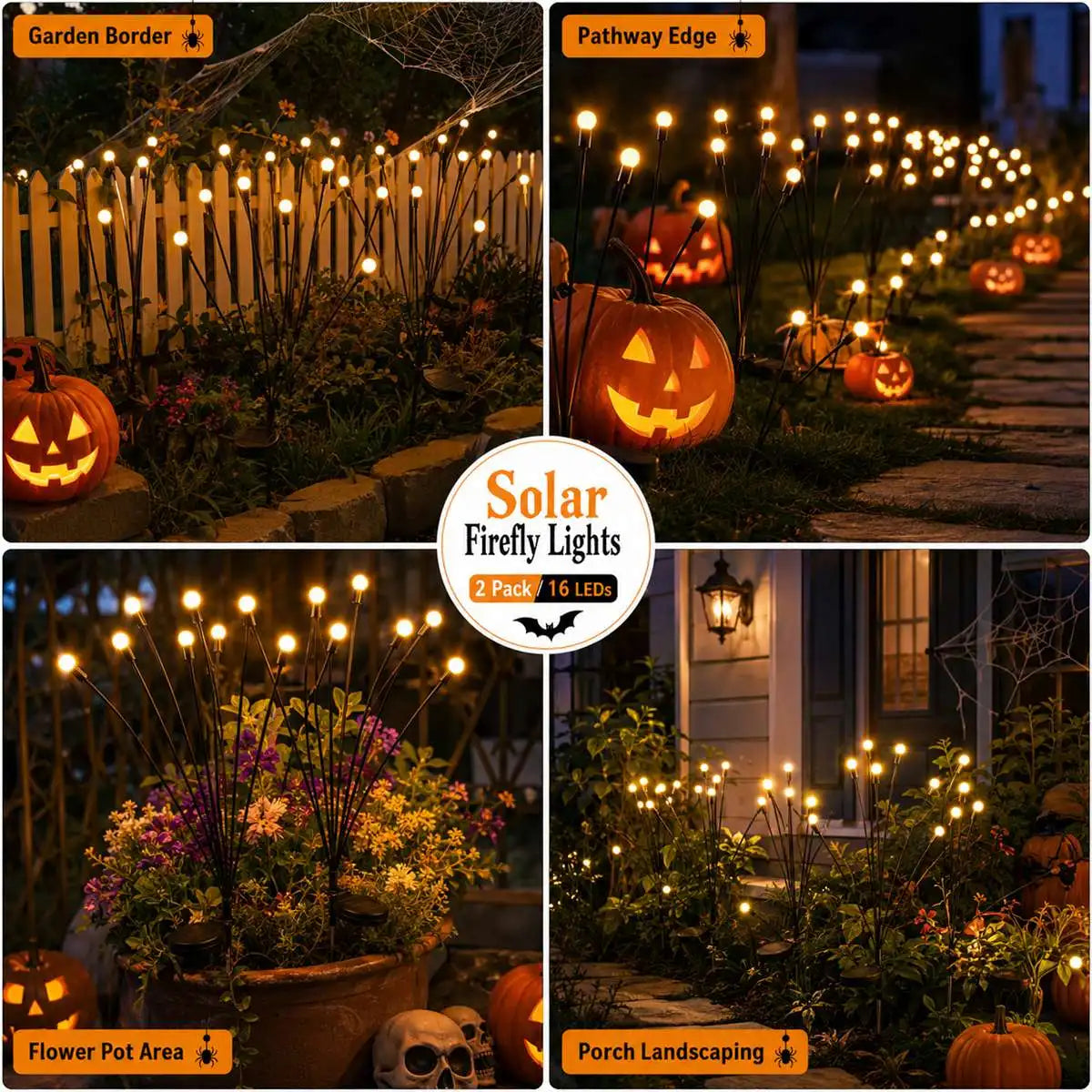 2 Pack Halloween Solar Firefly Lights 16 LED Spooky Garden Decoration Lights, Warm White Solar Powered Outdoor Pathway Lights with 2 Lighting Modes for Yard Lawn Patio Walkway Tree Fence Party Holiday Decor