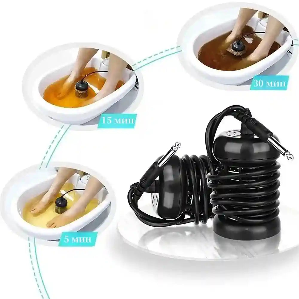 Black ionic foot detox array with a coiled cord for professional or home spa water cleansing treatments.