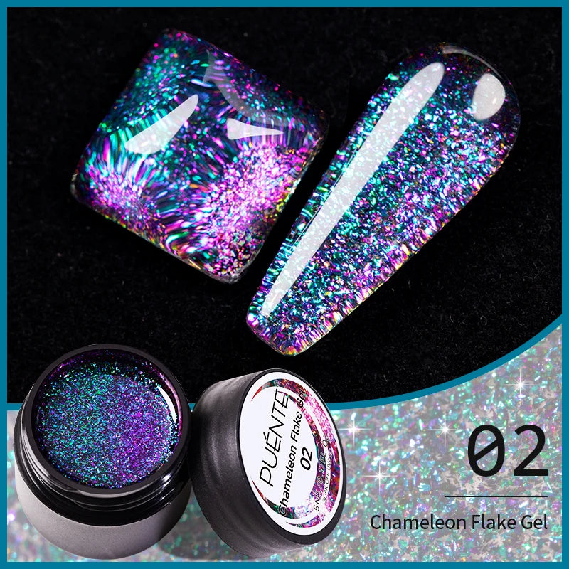 Chameleon flake gel polish in color 02. Iridescent, multi-colored shimmer for professional nail art applications.