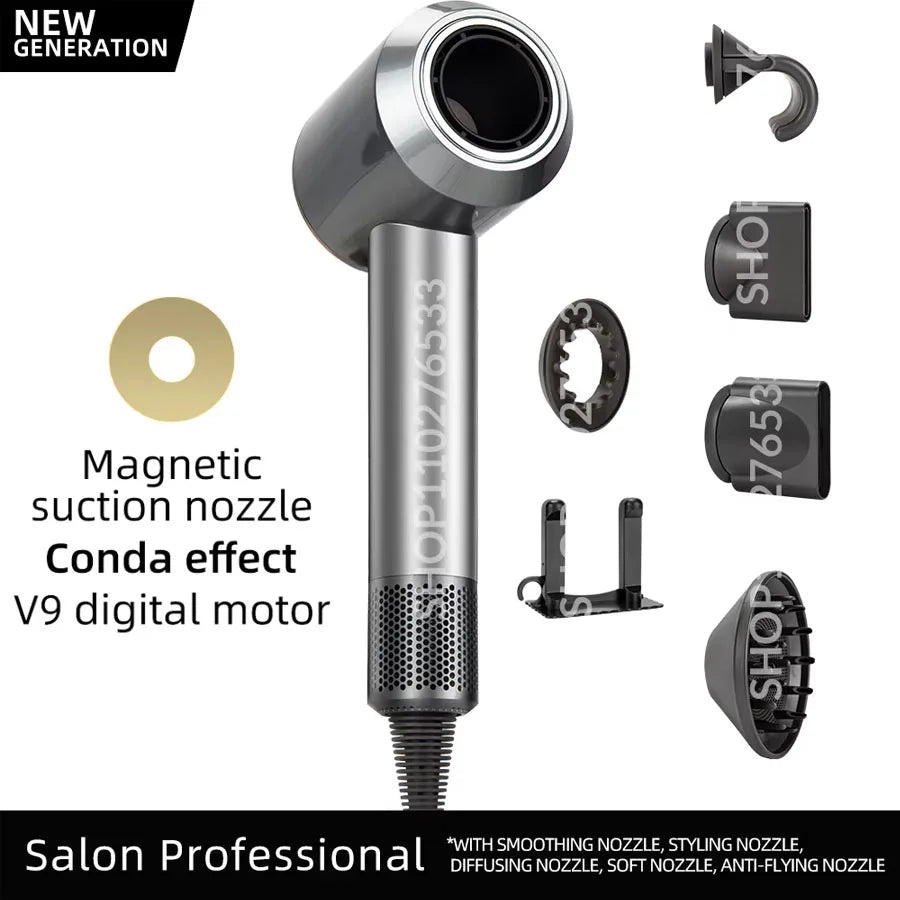 Grey 5-in-1 ionic hair dryer with magnetic attachments, diffuser, and high-speed digital motor for salon-grade styling.