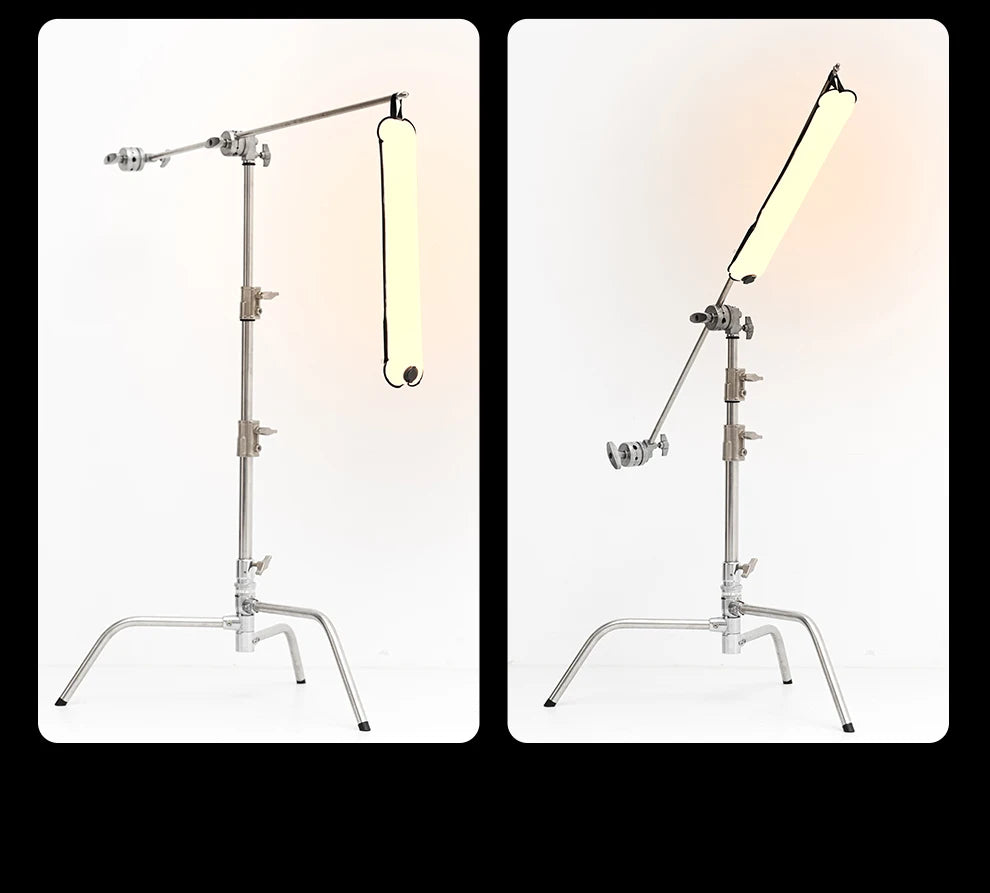 Long LED light tube attached to a metal C-stand with an adjustable boom arm for studio photography and video lighting.