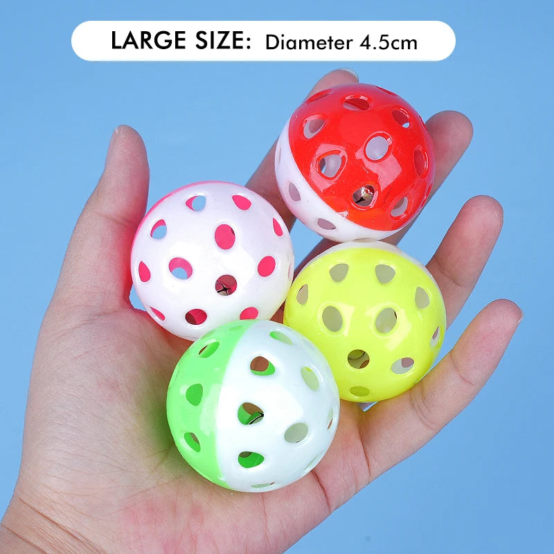 10pcs colorful 4.5cm hollow bell balls for parrots. Durable plastic chew toys for parakeets and pet bird cage fun.