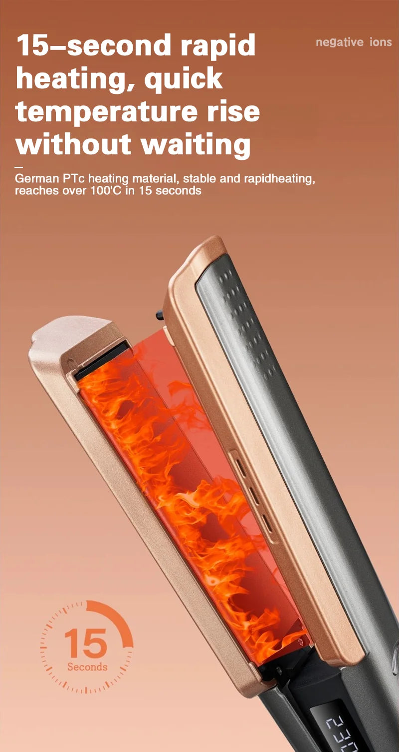 TINSOL 2-in-1 rose gold hair straightener and curler with rapid heating, wide plates, and digital LCD display.