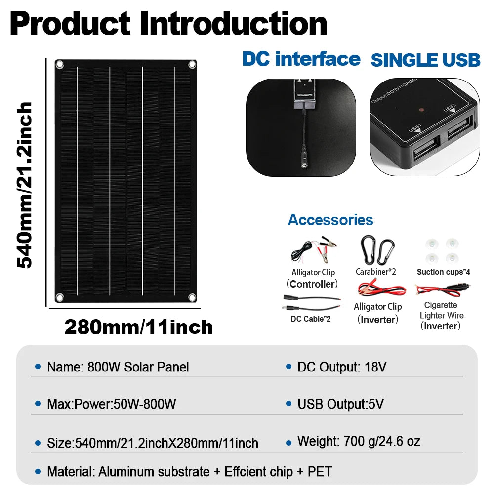 SOECOPO 7000W Peak Solar System Kit 2x800W Panels 100A Controller DC 12V To AC 110V 220V Inverter Generator for Home Camping