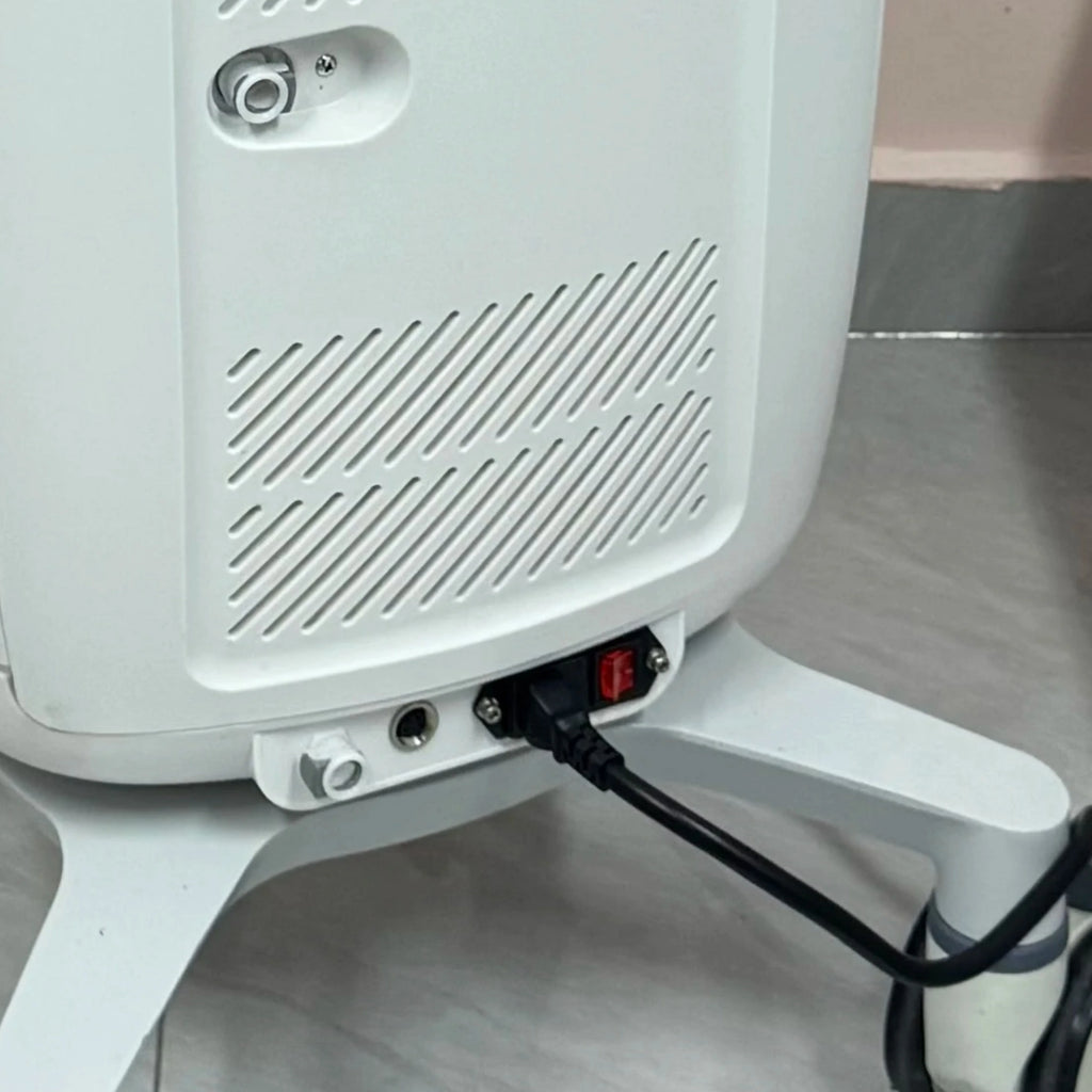 Rear view of white professional HIFU facial lifting and anti-wrinkle machine with power cord and ventilation vents.