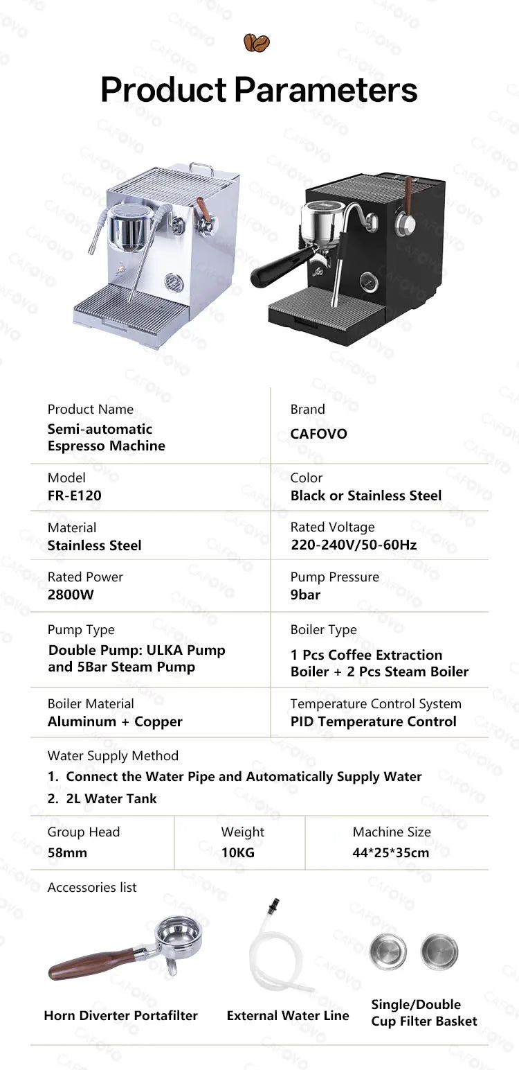 CAFOVO semi-automatic stainless steel espresso machine in black or silver with 58mm group head and 2L tank.