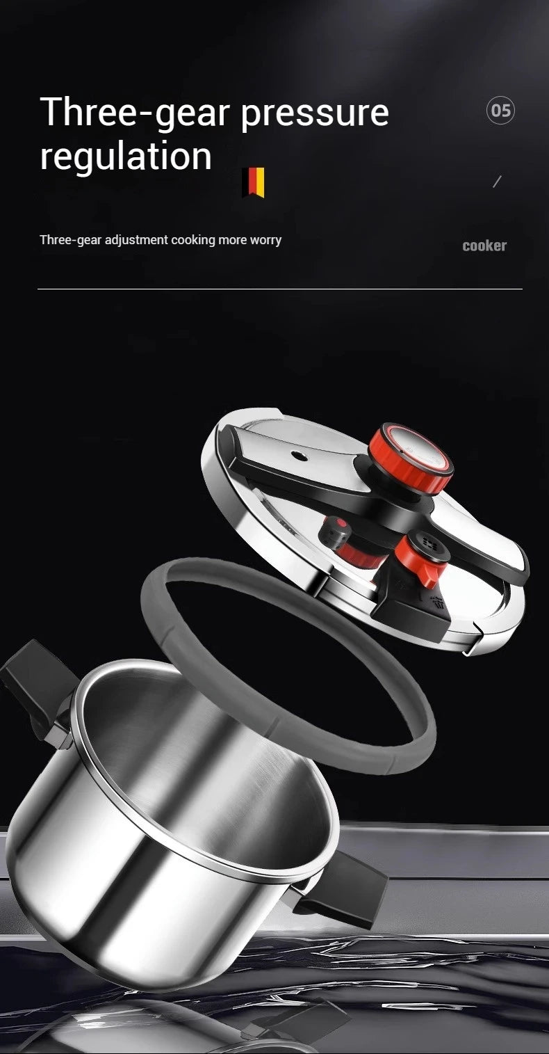 Stainless steel pressure cooker with red control knob and three-gear pressure regulator