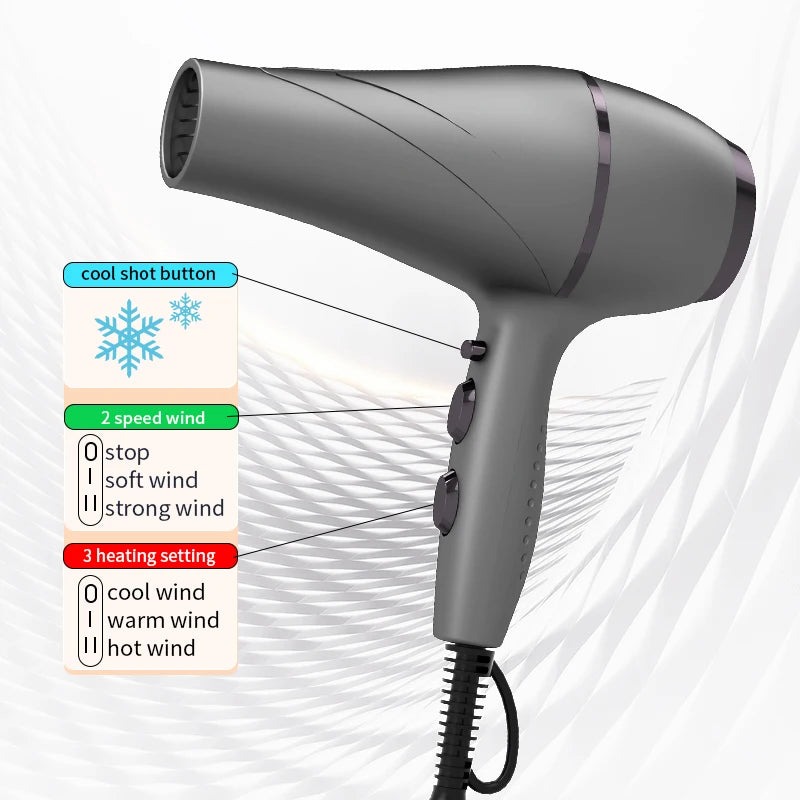 2400W grey professional hair dryer with 3 heat settings, 2 speeds, and cool shot button for fast salon-quality drying.