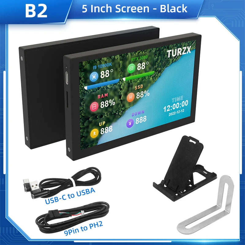 TURZX 3.5 / 5 Inch IPS USB Secondary Screen for Computer CPU GPU RAM HDD Monitor Type C Display NO AIDA64 LCD for Windows 10 11