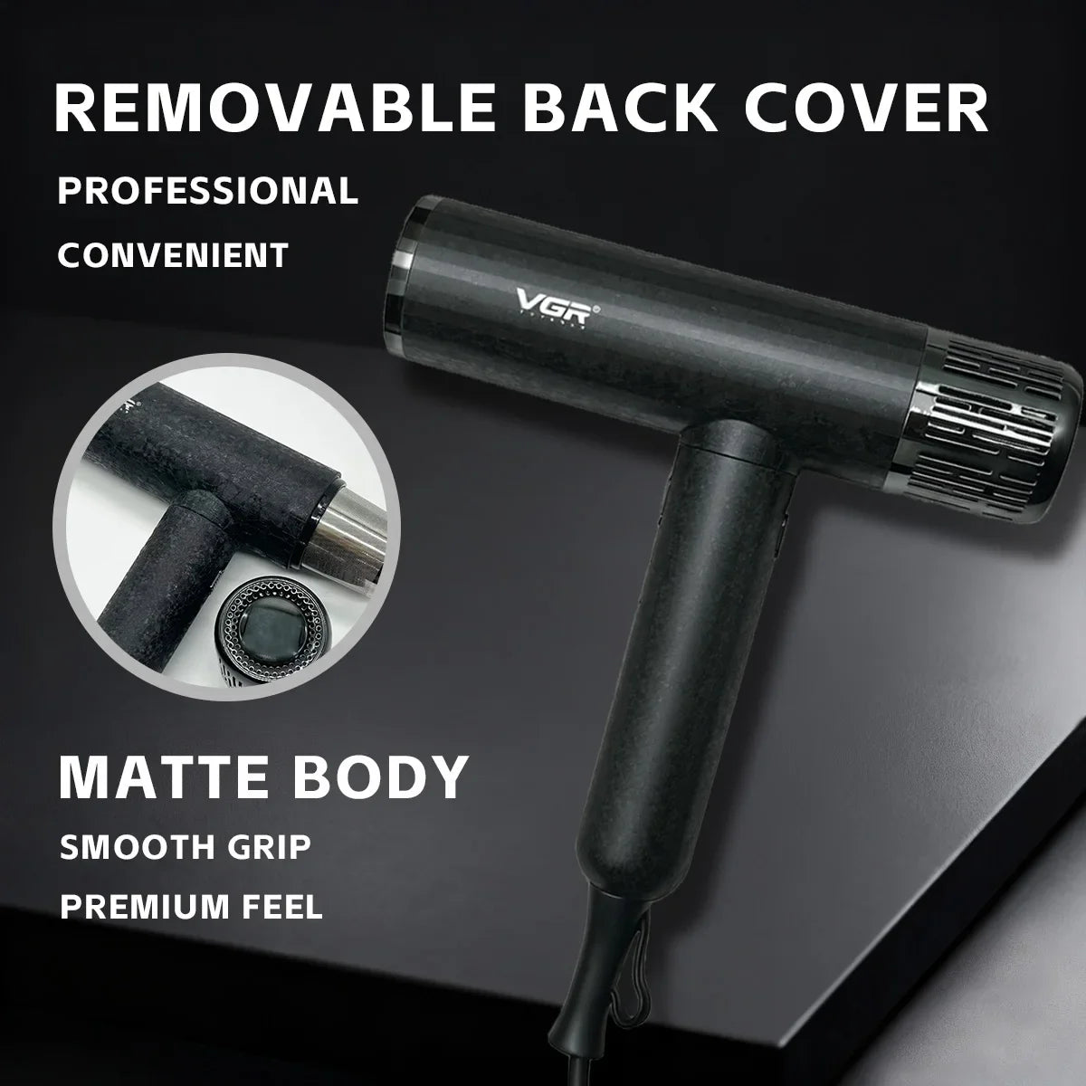 VGR V-640HD professional matte black hair dryer with removable back cover for easy cleaning and salon-grade performance.